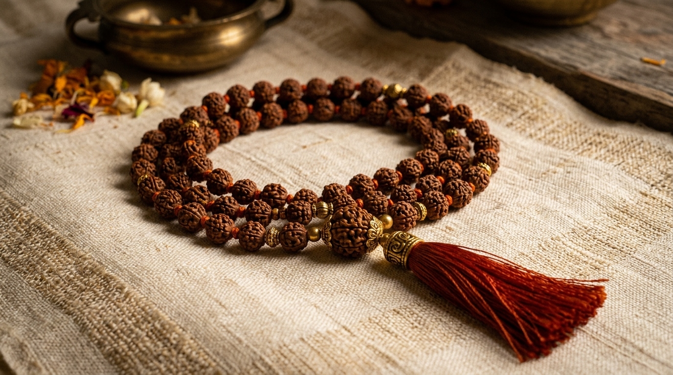 Authentic Rudraksha Mala prayer beads with sacred objects
